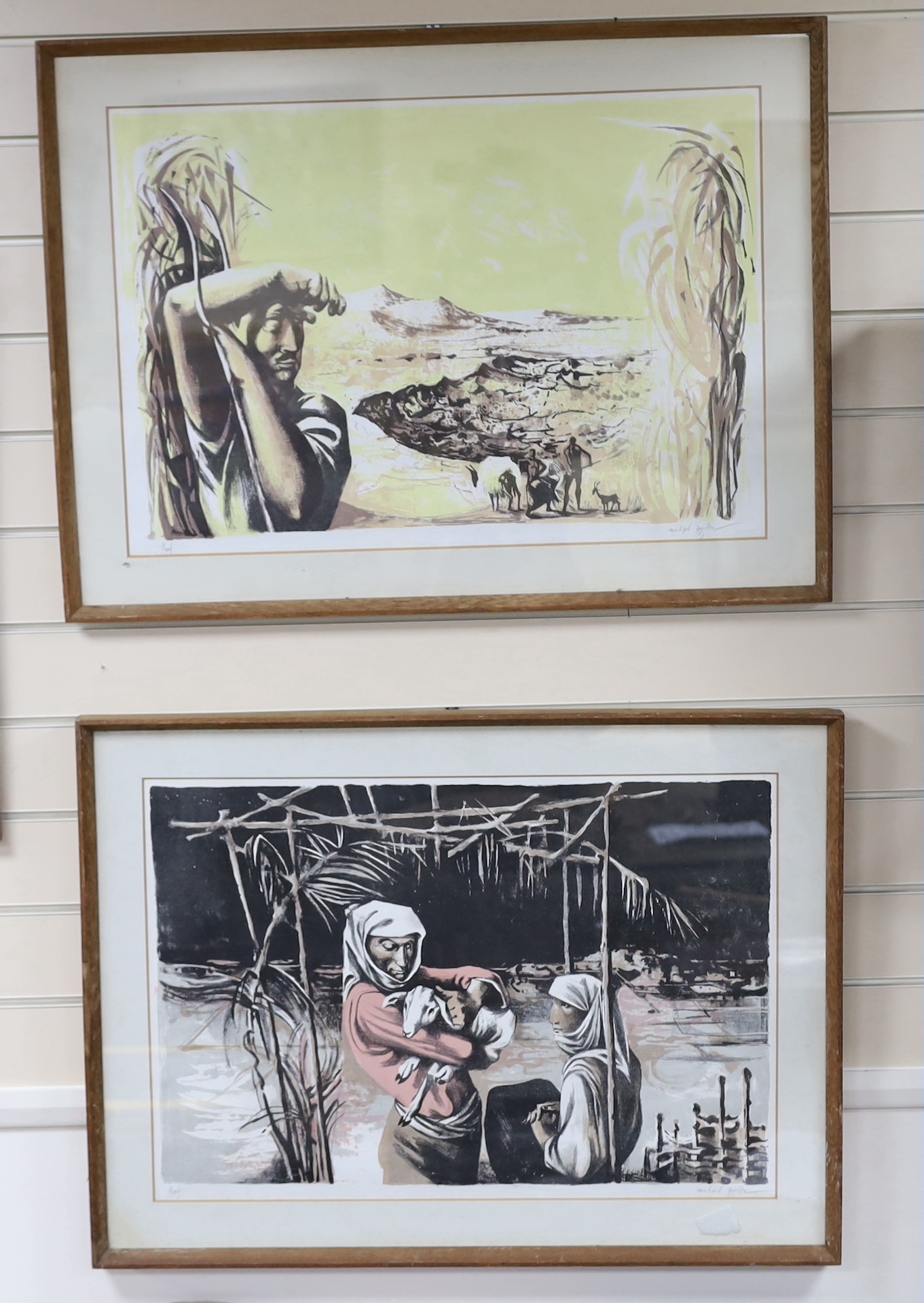 Michael Ayrton (1921-1975), pair of artist proof colour lithographs, Greek Shepherds I & II, signed in pencil, 45 x 65cm